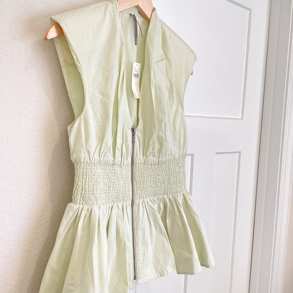 Anthropologie Tommie Cap-Sleeve Smocked Front Zip Blouse NEW Small Green Mint - Picture 6 of 13